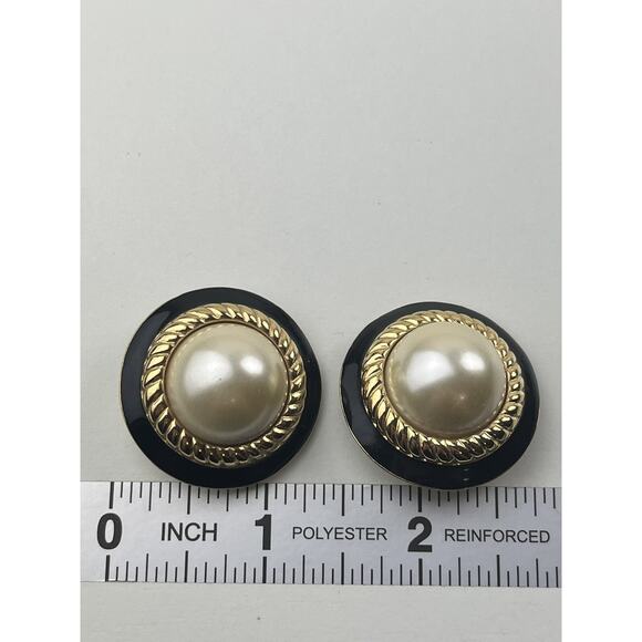KJL Vintage Faux Pearl Clip On Earrings Round Rope Black Enamel Gold Tone - Picture 2 of 10